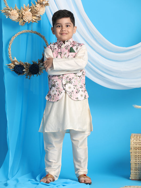 Boy's Pink Floral Printed Nehru Jacket With Cream Color Kurta And Pyjama Set